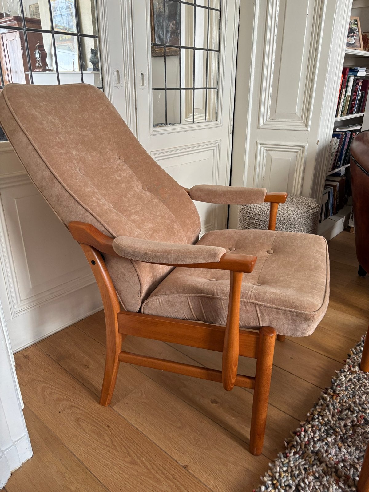 Prominent  fauteuil met voetenbank - Jaren '60 design, Ophalen, Gebruikt, 75 tot 100 cm, 50 tot 75 cm