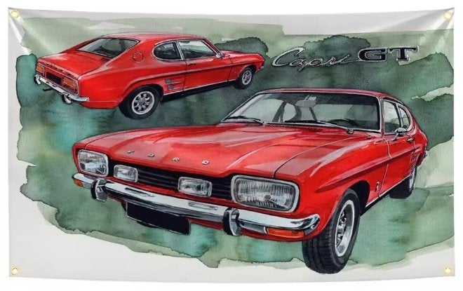 FORD CAPRI BANNER 60X90 CM MET BEVESTIGGINGS OGEN, Ophalen of Verzenden