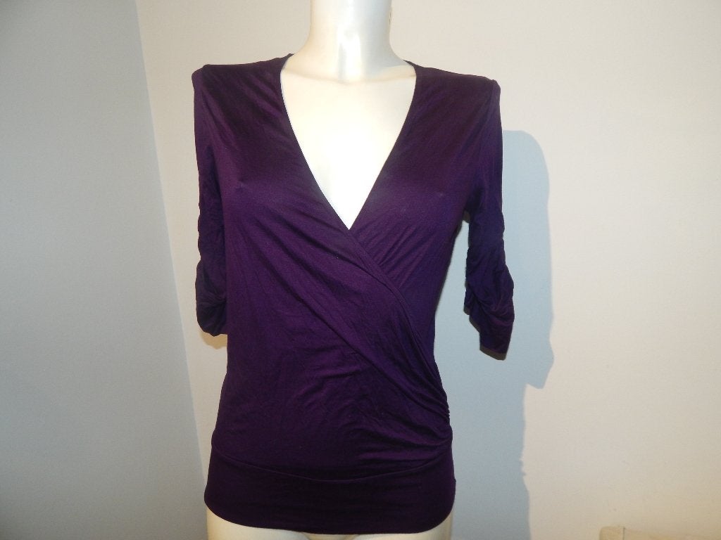 Wolford aubergine paars truitje overslag gesmockt mt L, Verzenden, Paars, Maat 42/44 (L), Zo goed als nieuw