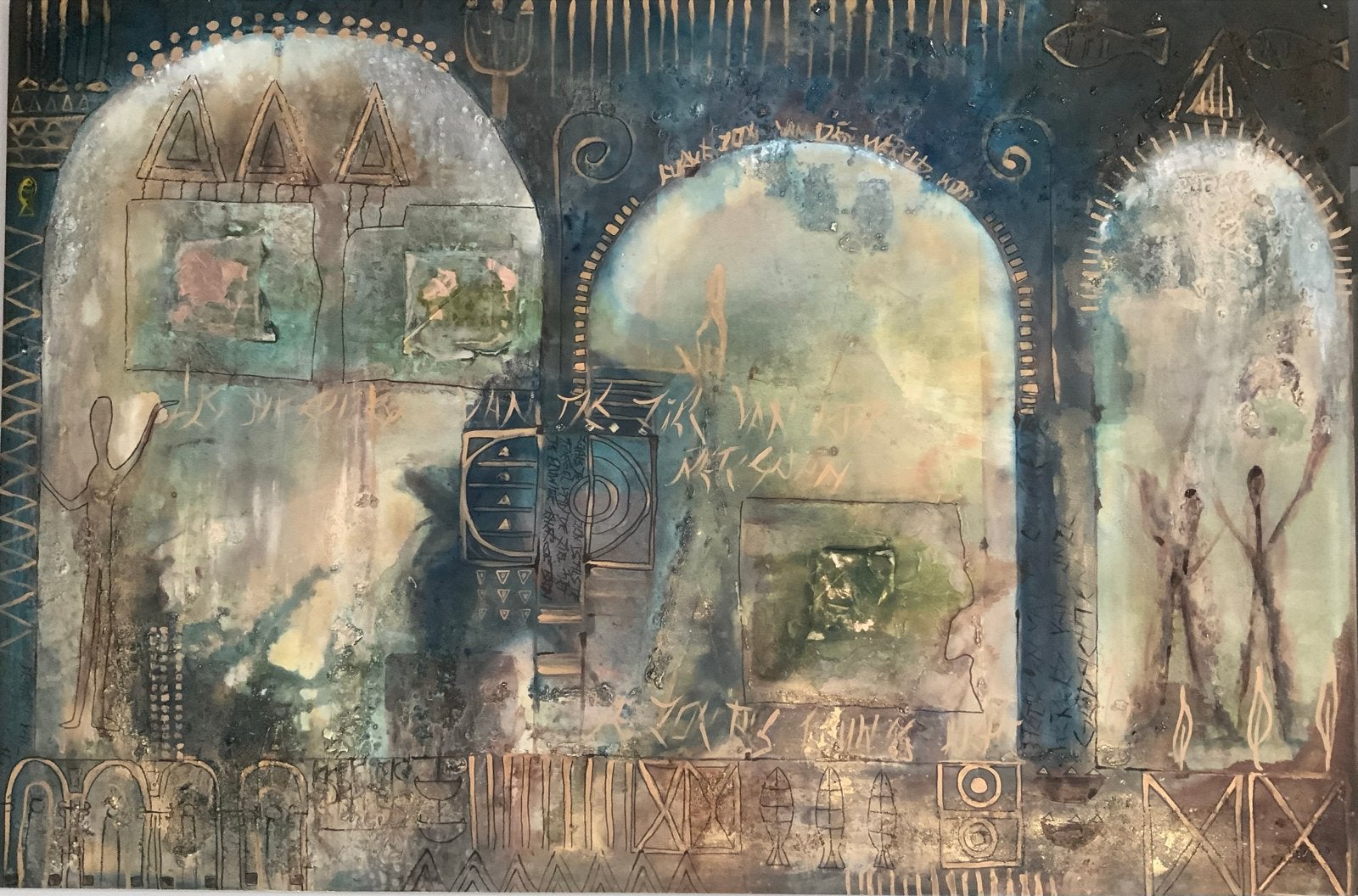 Houten wandpaneel schilderij 'Poorten naar de Zon', Paneel, Abstract, Ophalen of Verzenden, Handgeschilderd