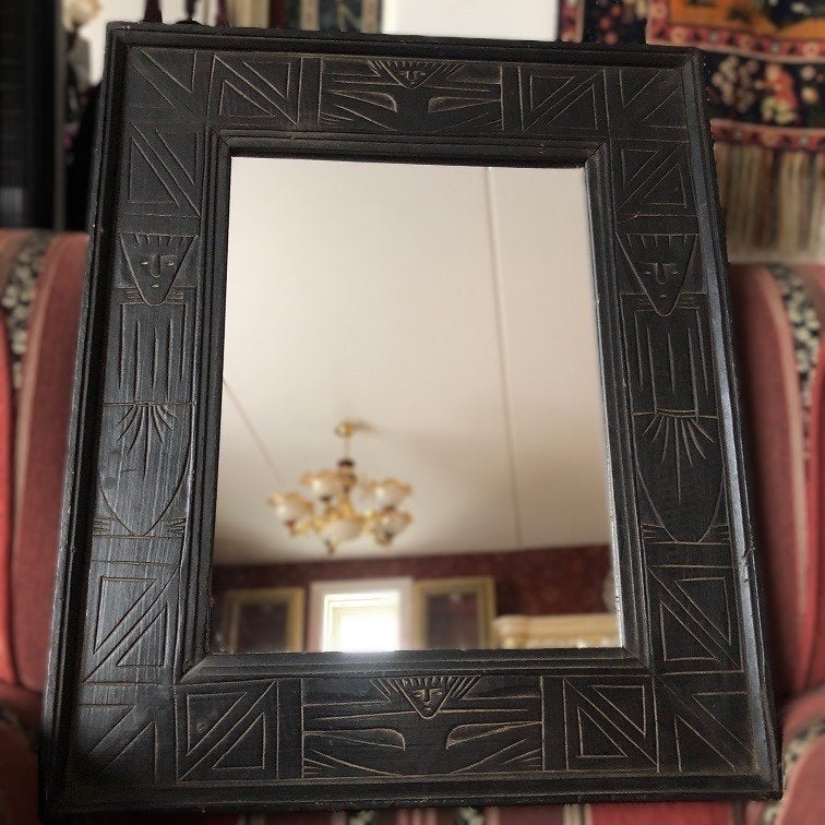 Afrikaanse spiegel vintage hout zwarte lijst, Gebruikt, Ophalen of Verzenden, Minder dan 100 cm, Rechthoekig