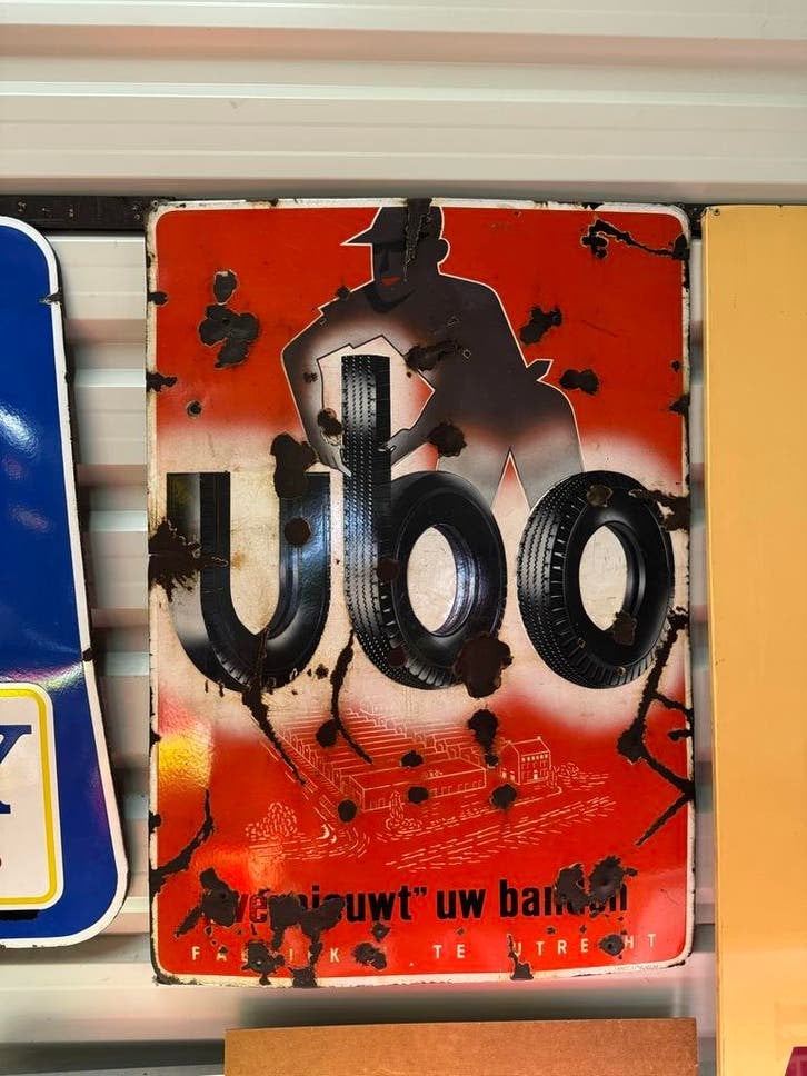 Vintage UBO Emaille Reclamebord - Banden Vernieuwen, Ophalen