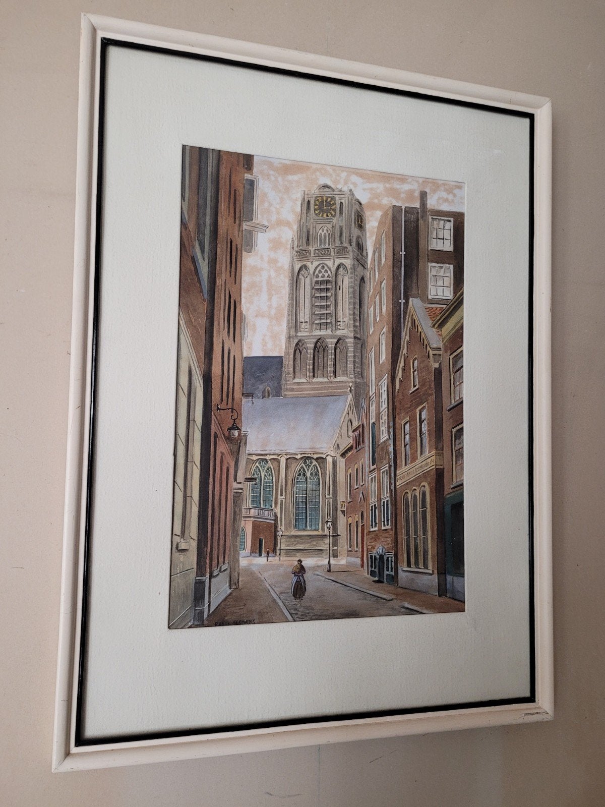 Schilderij Domtoren Utrecht - Stadsgezicht, Antiek en Kunst, Realistisch, Ophalen of Verzenden, Aquarel, Ingelijst