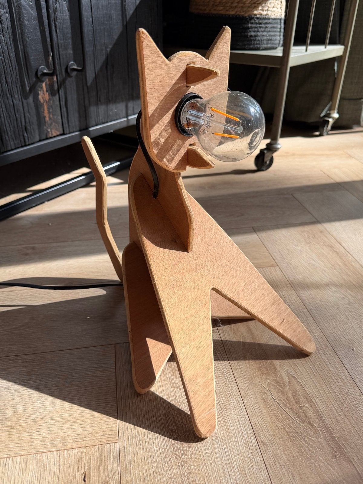 Handgemaakte houten kattenlamp, Met schakelaar, Overige merken, Zo goed als nieuw, Hout