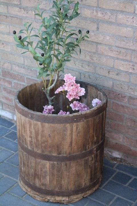 Decoratieve houten ton/plantenbak, Tuin en Terras, Ophalen, Gebruikt, Minder dan 60 cm, Onbekend
