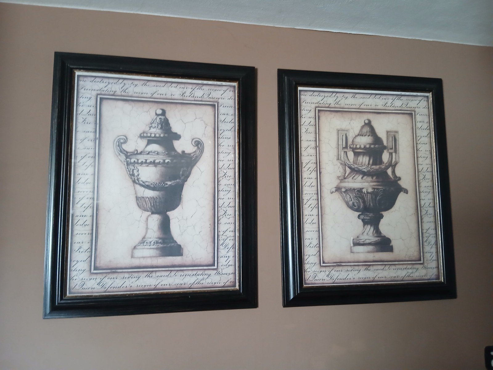Set van 2 Schilderijen met Klassieke vazen  - 95x75cm, Ophalen, Doek, Klassiek, Print