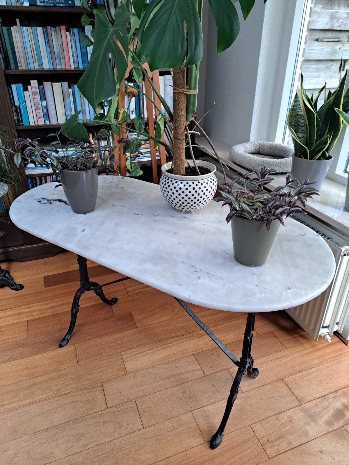 Marmeren bistro tafel met robuust onderstel 120x60 cm., Tuin en Terras, Ophalen of Verzenden, Rond, Metaal