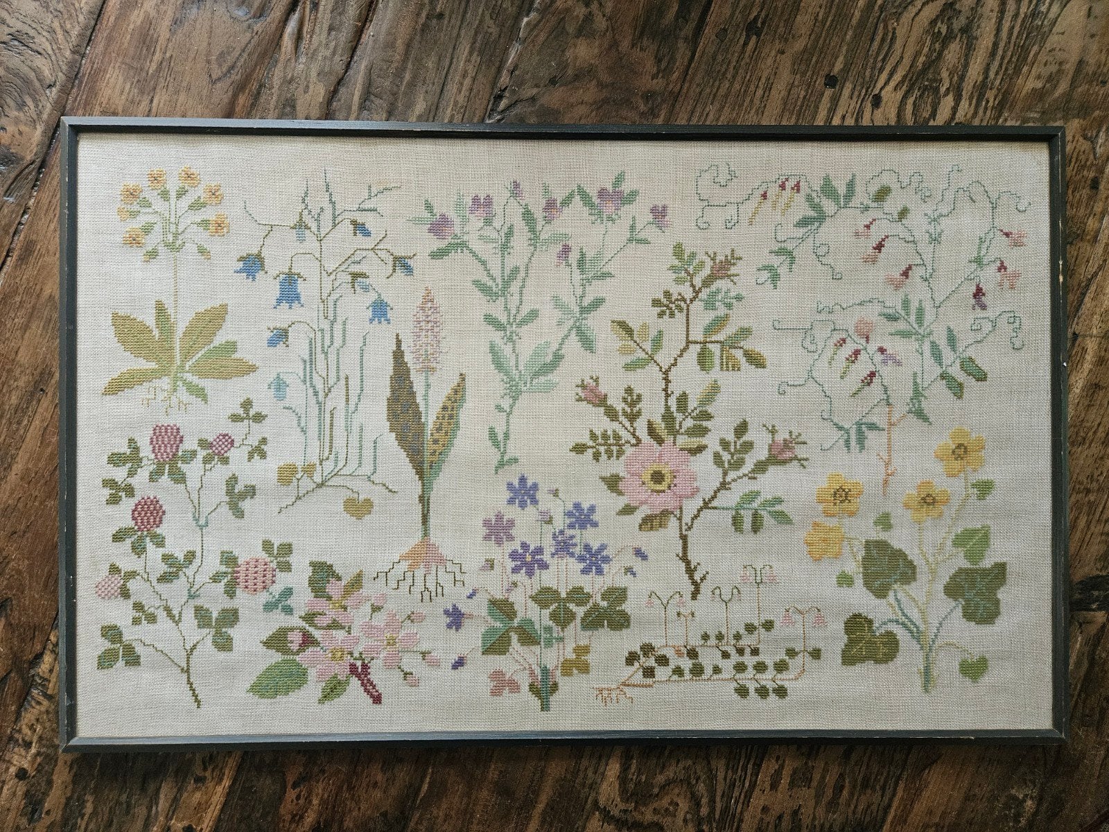 Oud Brocant Botanisch Merklap Borduurwerk in Lijst, Antiek en Kunst, Ophalen