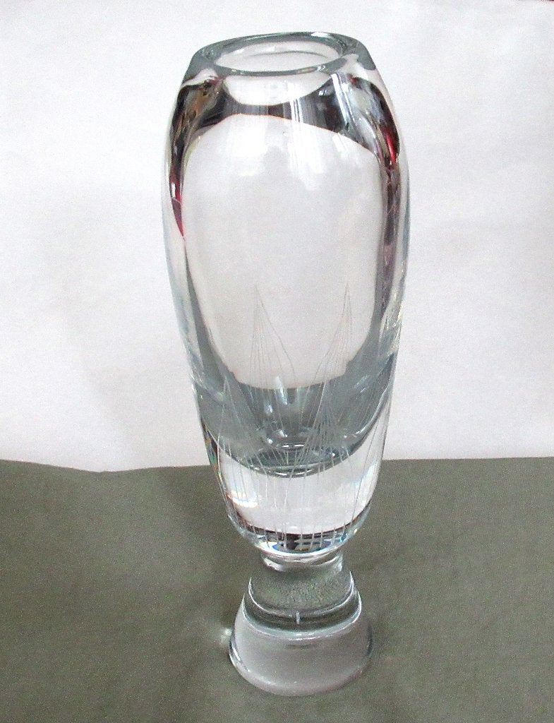 Johansfors Zweeds art glas, geëtste kristallen vaas van '70., Ophalen of Verzenden