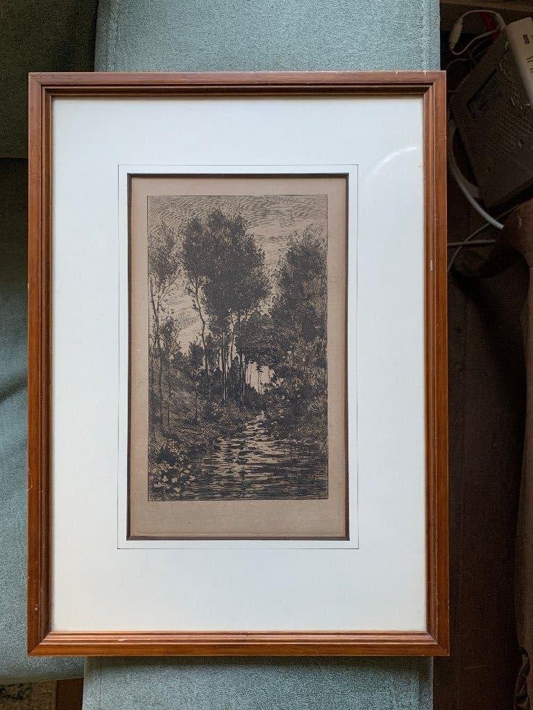 Anton L. Koster - Ets - Beek in een met bomen begroeid dal, Ets, Ingelijst, Ophalen of Verzenden, Landschap