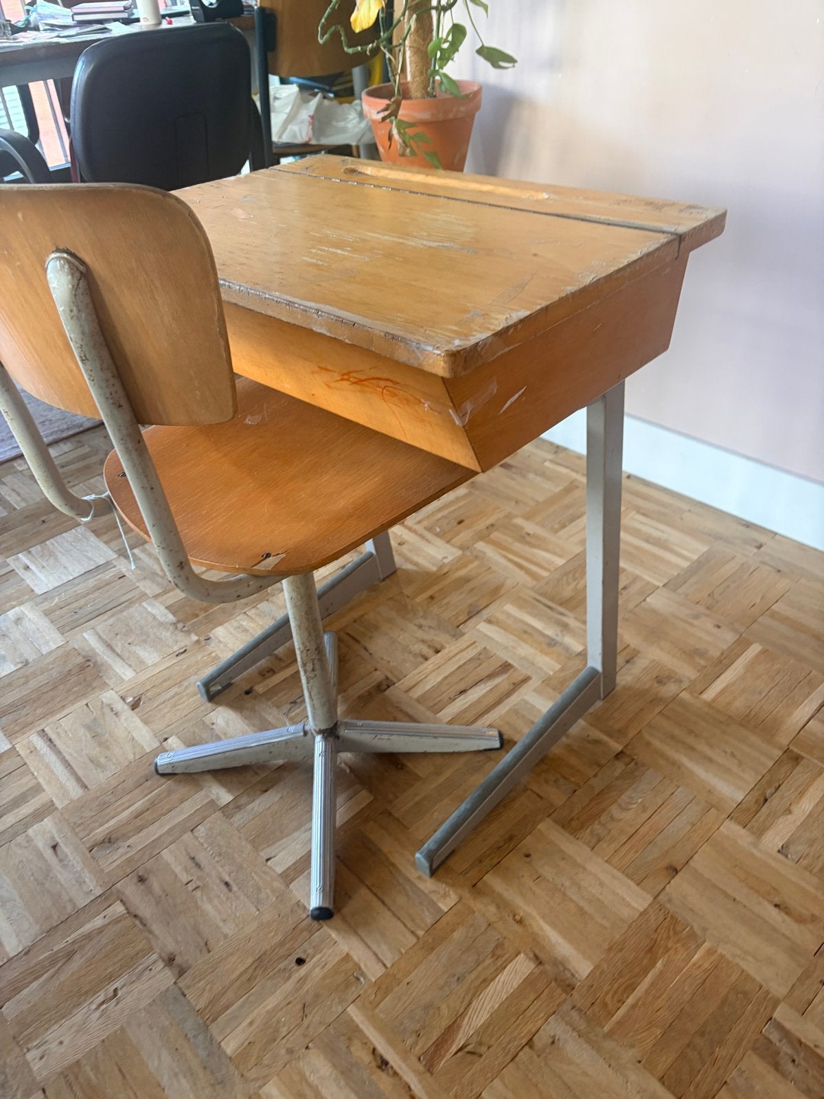 Vintage Schoolbankje met Stoel - Opklapbaar Blad, Ophalen