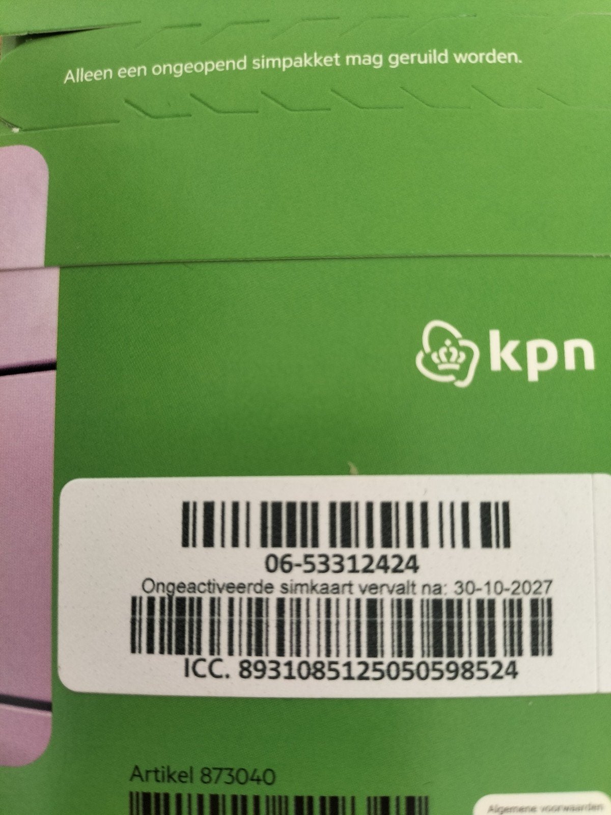 KPN Ongeactiveerde Simkaart - Nieuw 30-10-2027 - 0653312424, Ophalen, Nieuw, KPN, Simkaart