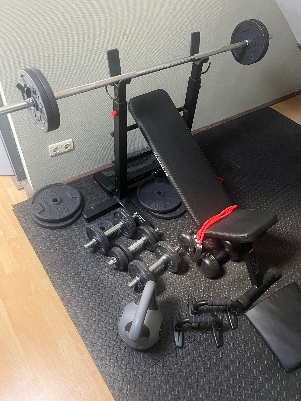Incline bench press set met gewichten en accessoires, Ophalen, Gebruikt, Krachtstation, Borst