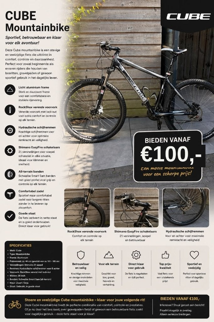 Cube Mountainbike, Hardtail, Heren, 45 tot 49 cm, Zo goed als nieuw