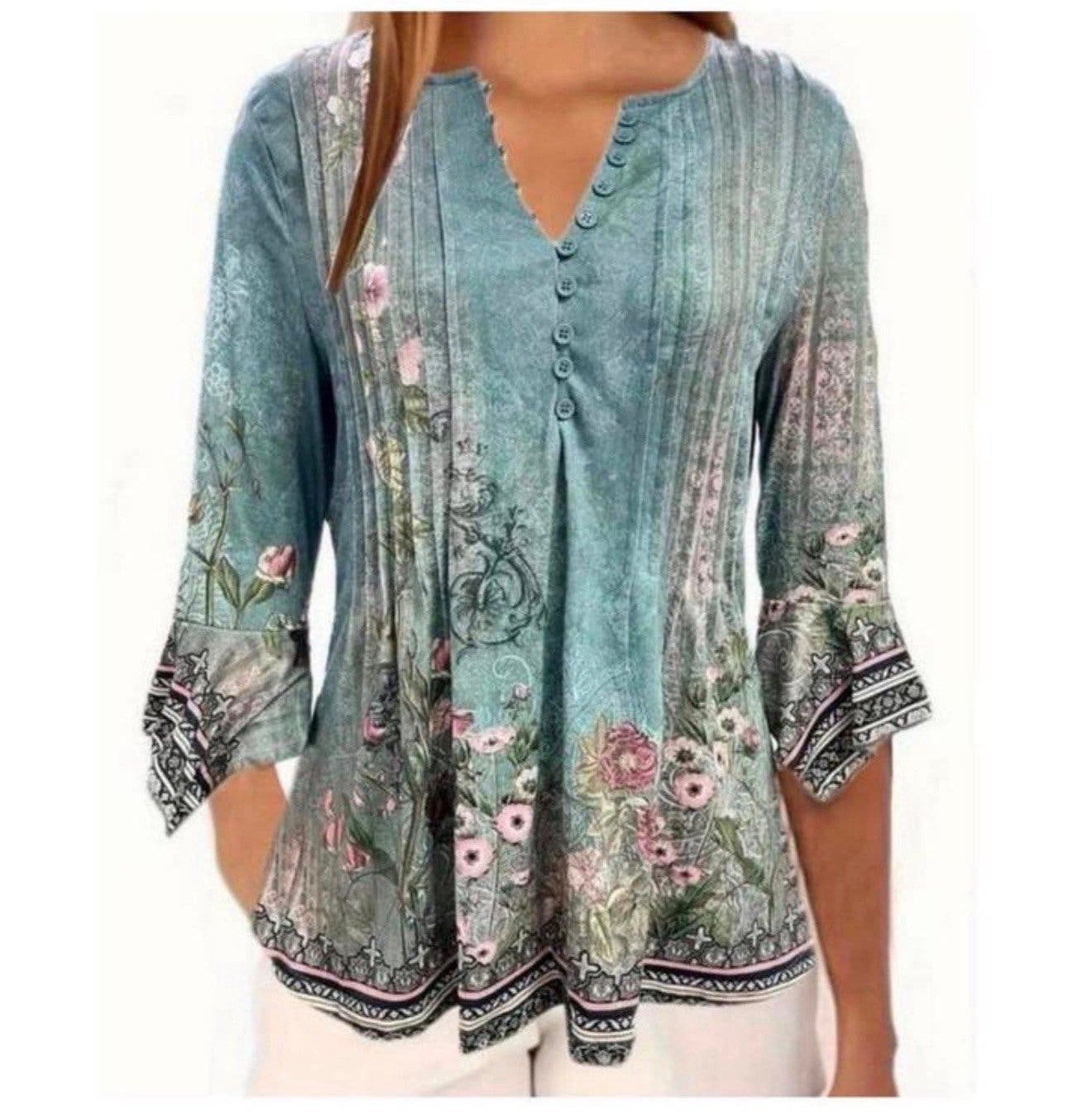 Vrouwen Blouse zomers Bloemenprint V-hals Drie-kwart Mouw L, L, Blauw, Maat 42/44 (L), Nieuw