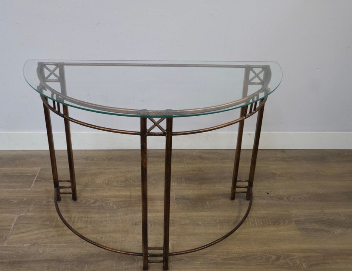 Glazen Haltafel met koperen/messing Frame - Gebogen Design, Gebruikt, Ophalen of Verzenden, Glas, 75 cm of meer