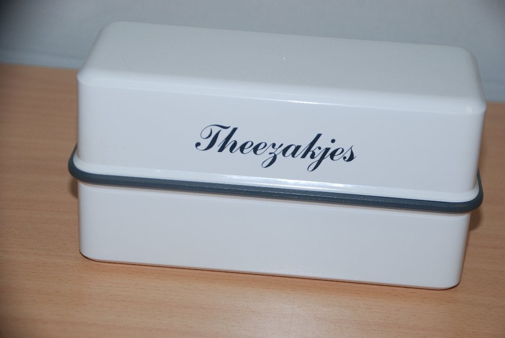 Thee zakjes box.               Met opdruk theezakjes., Overige typen, Ophalen of Verzenden, Nieuw, Kunststof