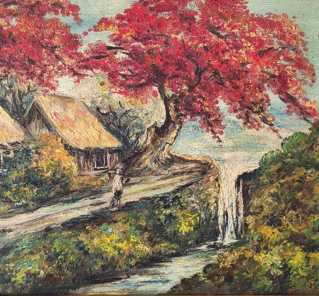 Schilderij: Indonesische scène met waterval en huizen, Ophalen of Verzenden