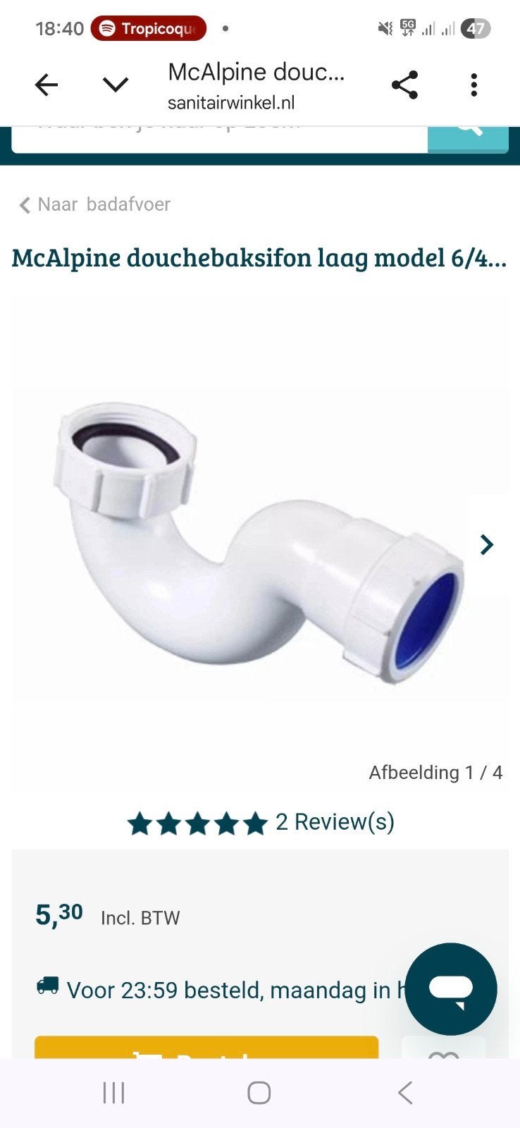 McAlpine Douchebak Sifon Laag Model 6/4"x40mm met Waterslot, Doe-het-zelf en Verbouw, Sanitair, Ophalen of Verzenden, Nieuw