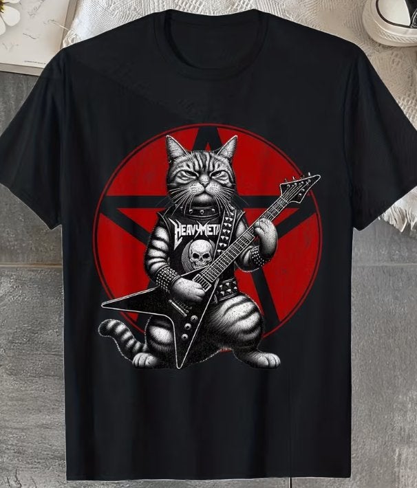 T-Shirt Metal Kat met Gitaar - Zwart, Ophalen of Verzenden, Nieuw, Overige maten, Zwart