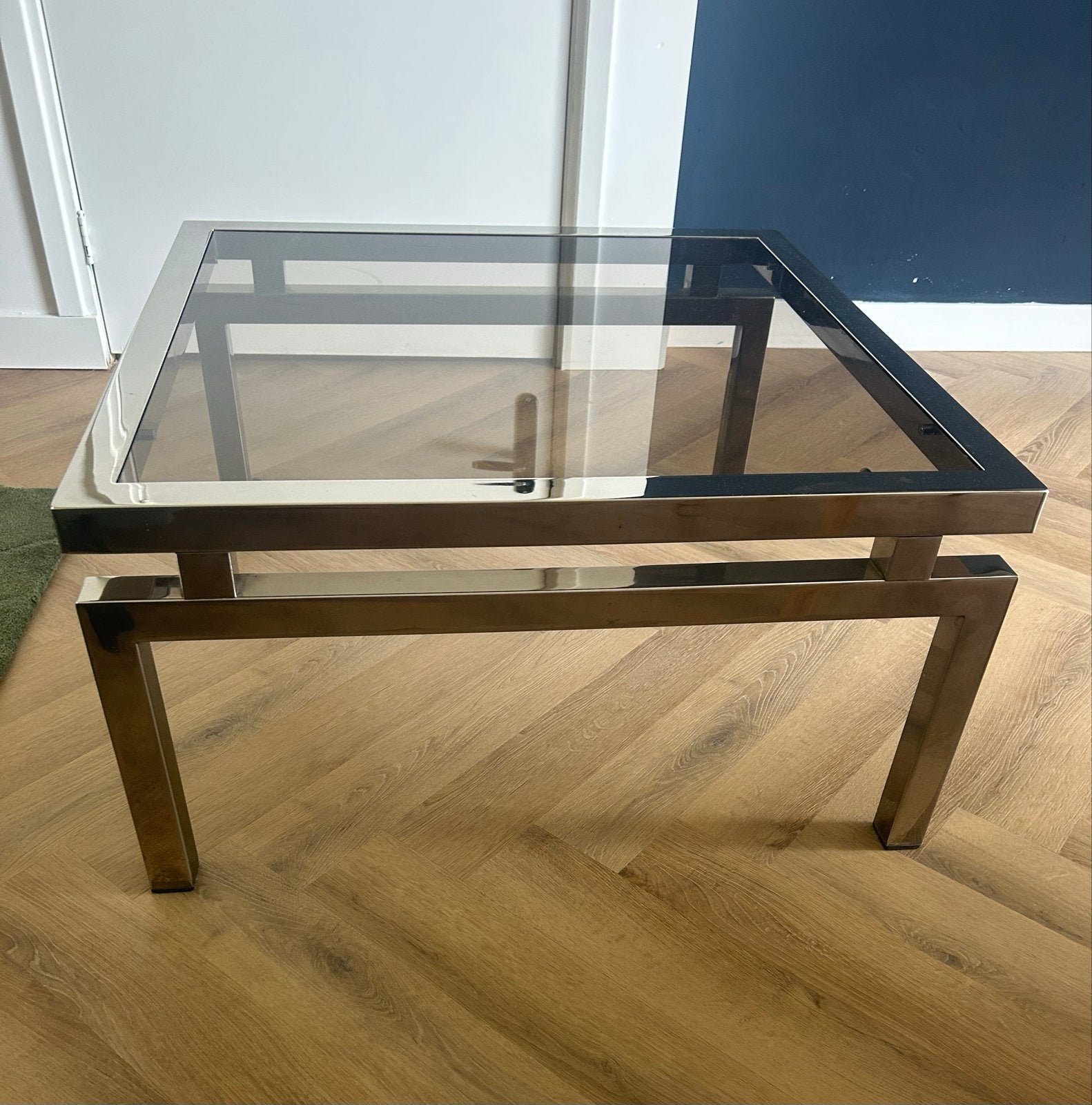 Vintage Salontafel Chroom met Glazen Blad, Ophalen, Gebruikt, Vierkant, 50 tot 100 cm