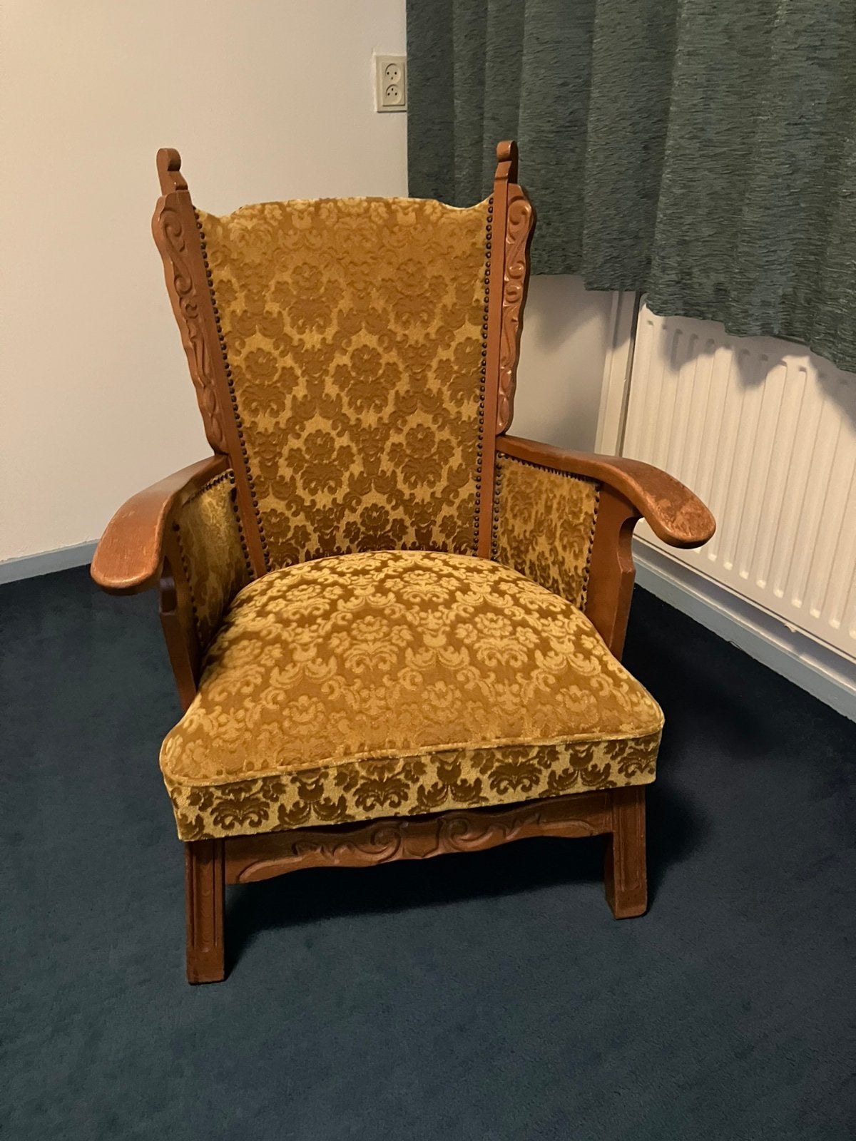 Prachtige Antieke / Vintage Troonstoel – Goudgeel Velours, Antiek en Kunst, Ophalen