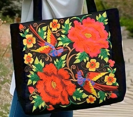Grote linnen katoen zwarte rode tas borduursels 35x35 vogels, Verzenden, Nieuw, Zwart, Shopper