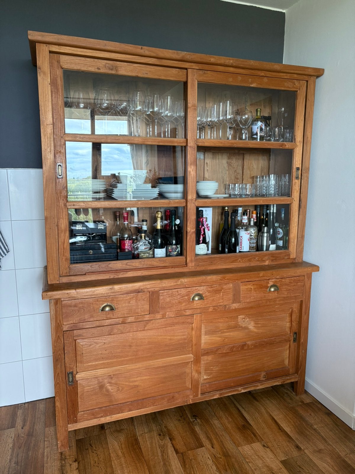 Prachtige buffetkast Teak 166b x211h x 53d, Huis en Inrichting, Ophalen, 200 cm of meer, 150 tot 200 cm, Teakhout