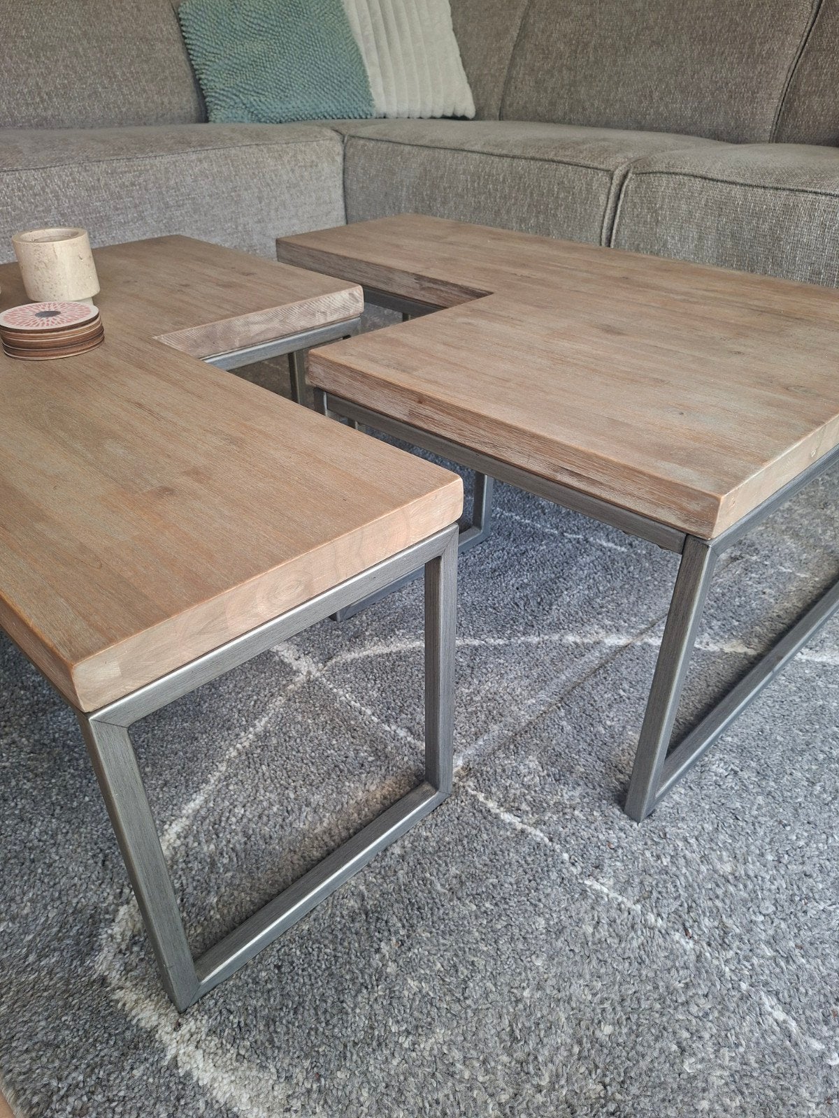 Salontafel hout met geborsteld staal - Lisse (2 delen), Huis en Inrichting, Tafels | Salontafels, Ophalen, Zo goed als nieuw, Rechthoekig