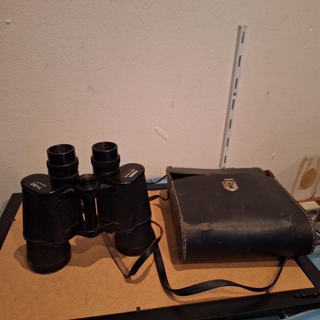 Vintage verrekijker 7x50 met leren tas, Gebruikt, Minder dan 8x, Met hoes of tas, Porro (met knik)
