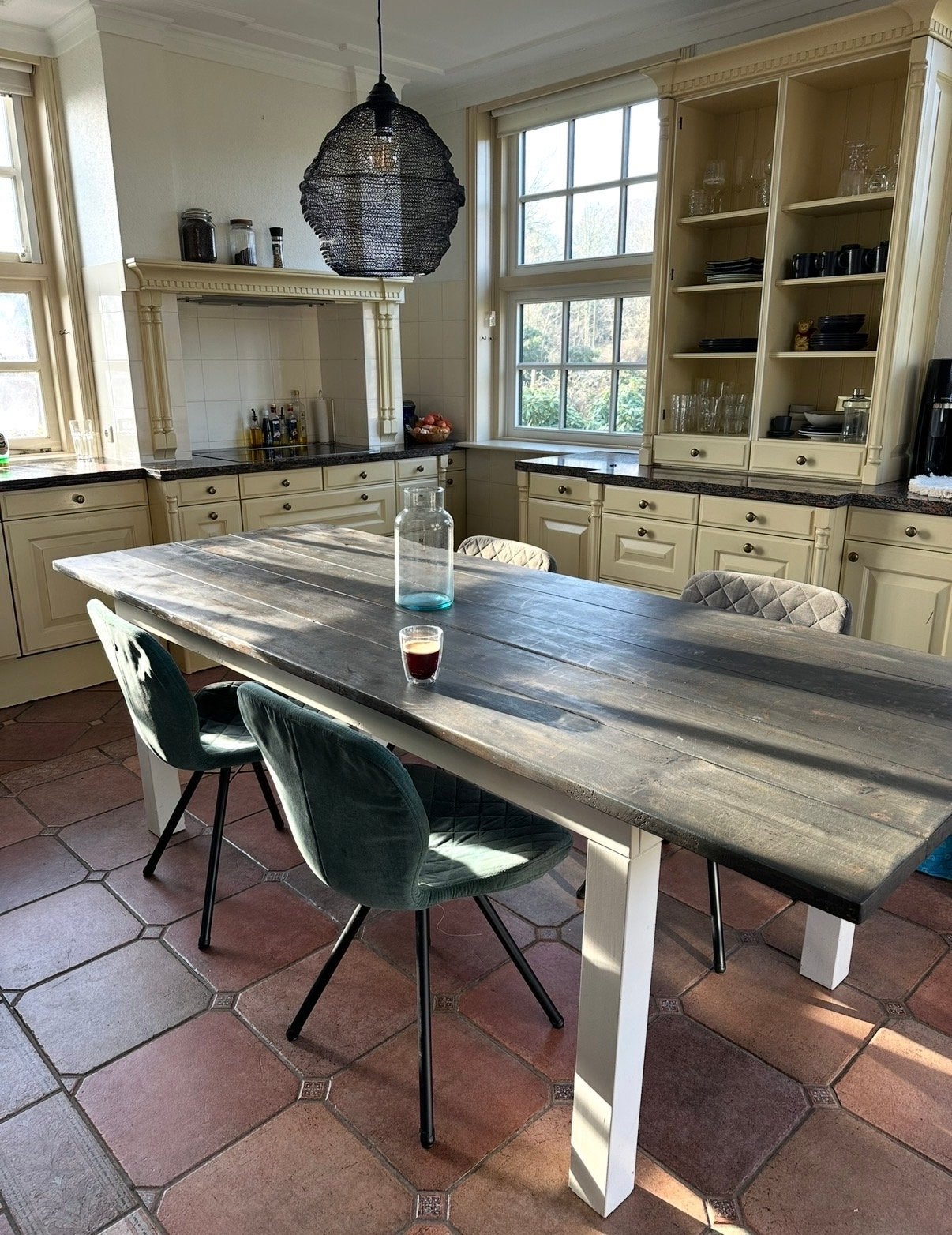 Steigerhouten eettafel met Piet Boon onderstel, Ophalen, Gebruikt, 200 cm of meer, 50 tot 100 cm