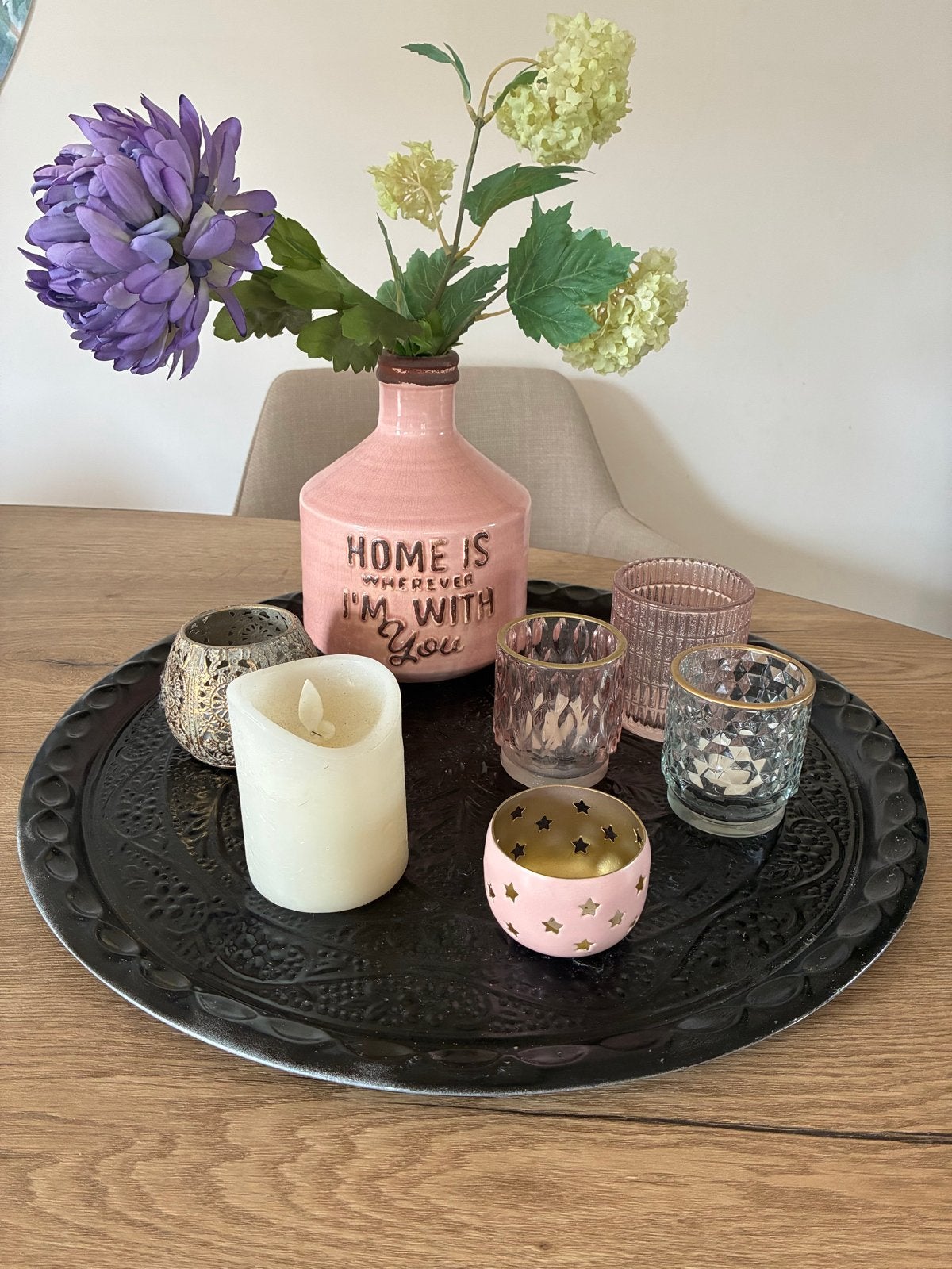 Decoratieve set: dienblad, vaas, kaarsen en theelichthouders, Zwart, Ophalen of Verzenden, Zo goed als nieuw, Metaal