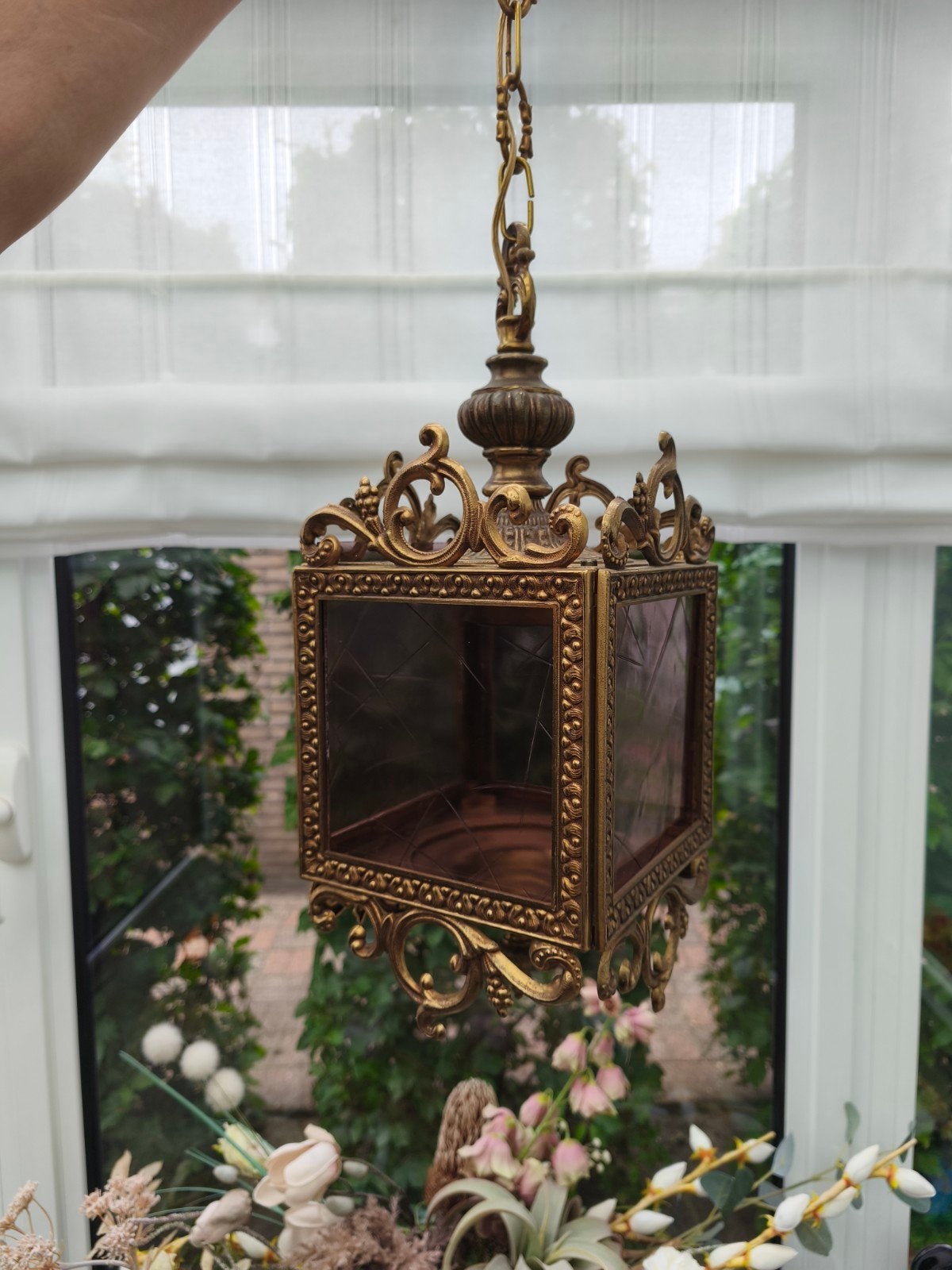 Antieke koperen hanglamp met glas in lood, Antiek en Kunst, Antiek | Lampen, Ophalen of Verzenden