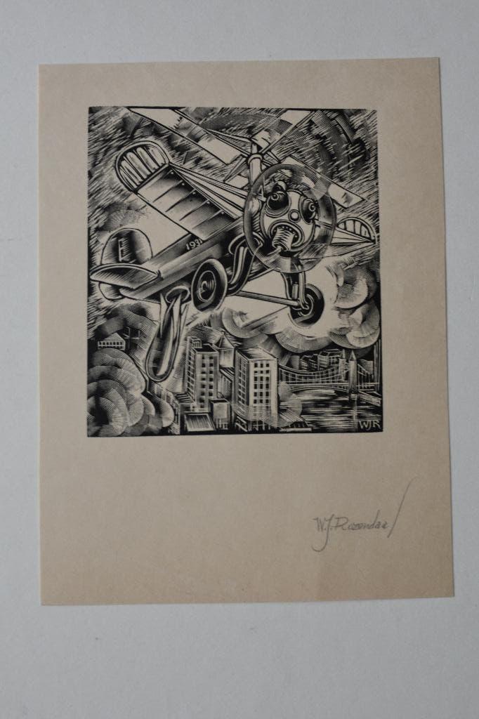W.J. ROZENDAAL AUTOGYRO DRONE VLIEGTUIG HOUTSNEDE 1931 R8, Antiek en Kunst, Kunst | Etsen en Gravures, 10 cm, 8 cm, Verzenden