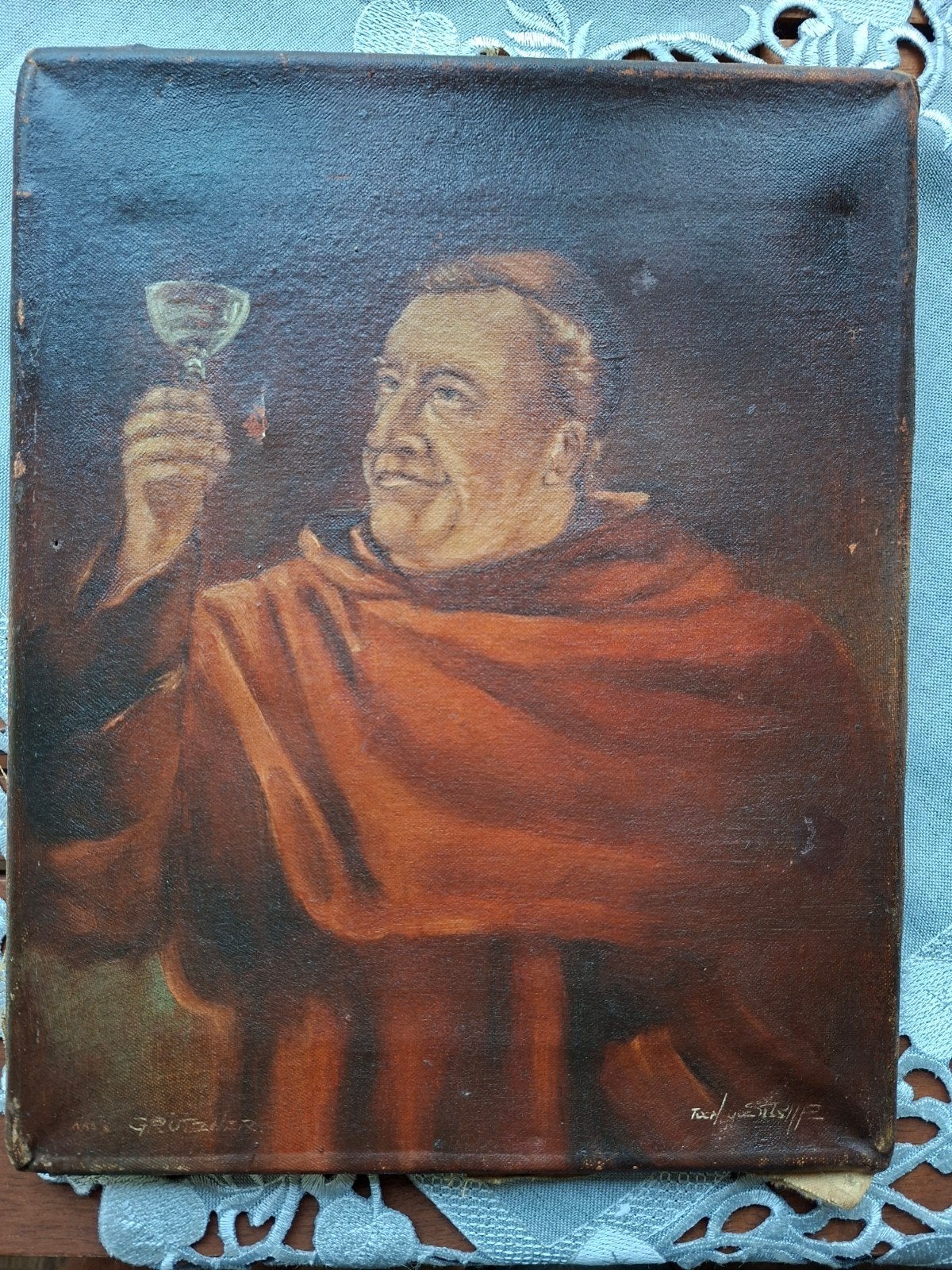 Oud schilderij van monnik met glas wijn, Doek, Portret of Personen, Realistisch, Ophalen of Verzenden