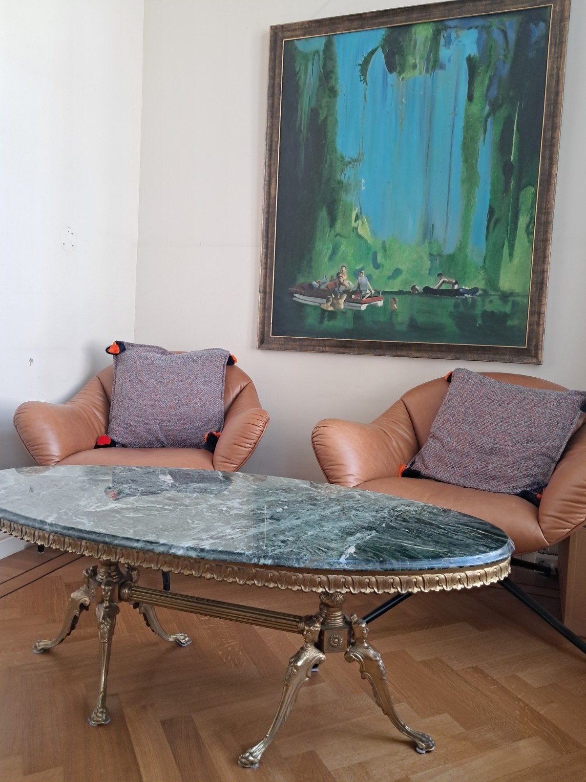 Antieke ovale salontafel met groen marmer en gouden frame, Ophalen of Verzenden