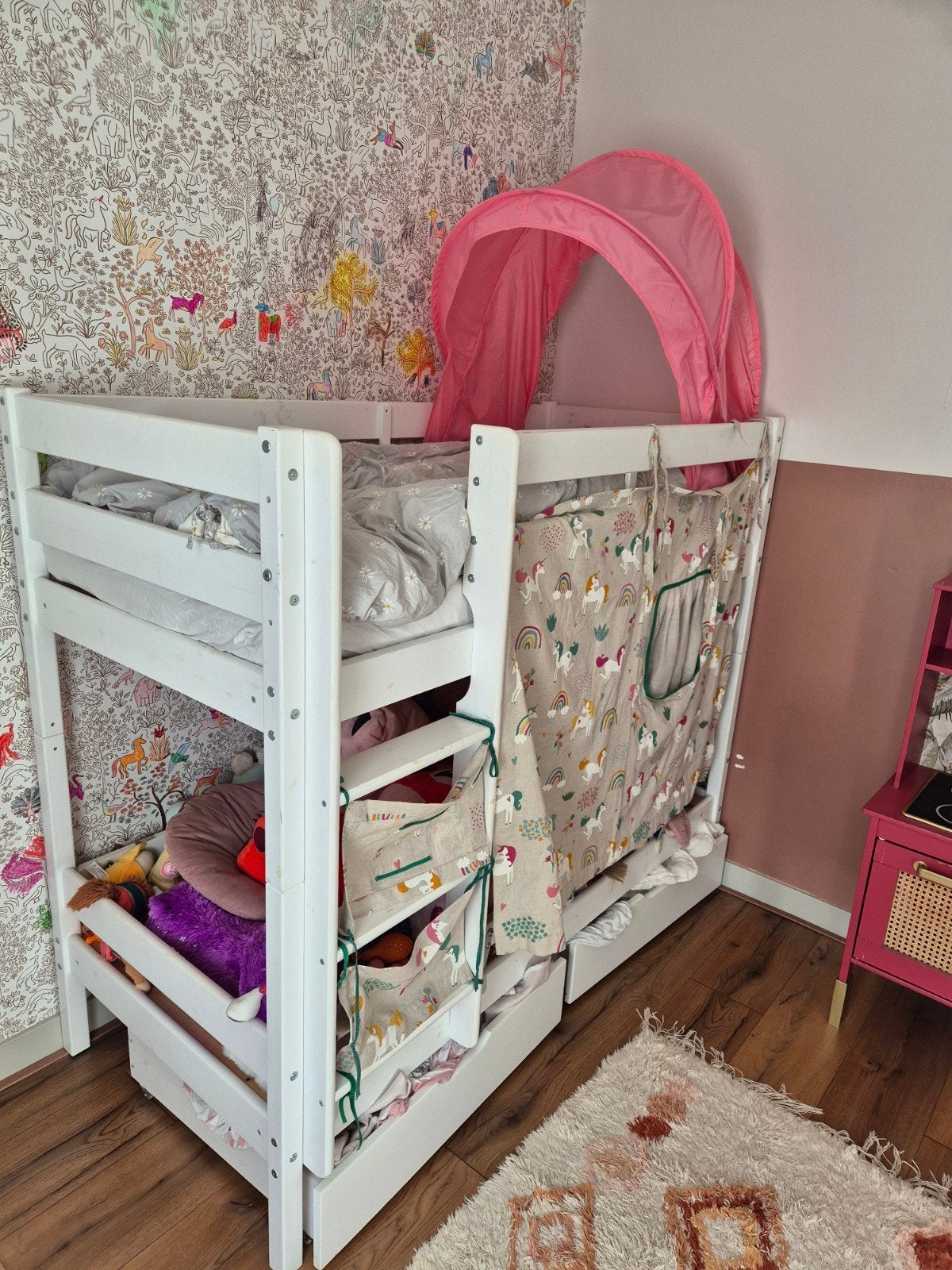 Stapelbed met 2 lades, roze overkapping en eenhoorn gordijn, Ophalen, 70 cm of minder, Wit, 190 cm of minder
