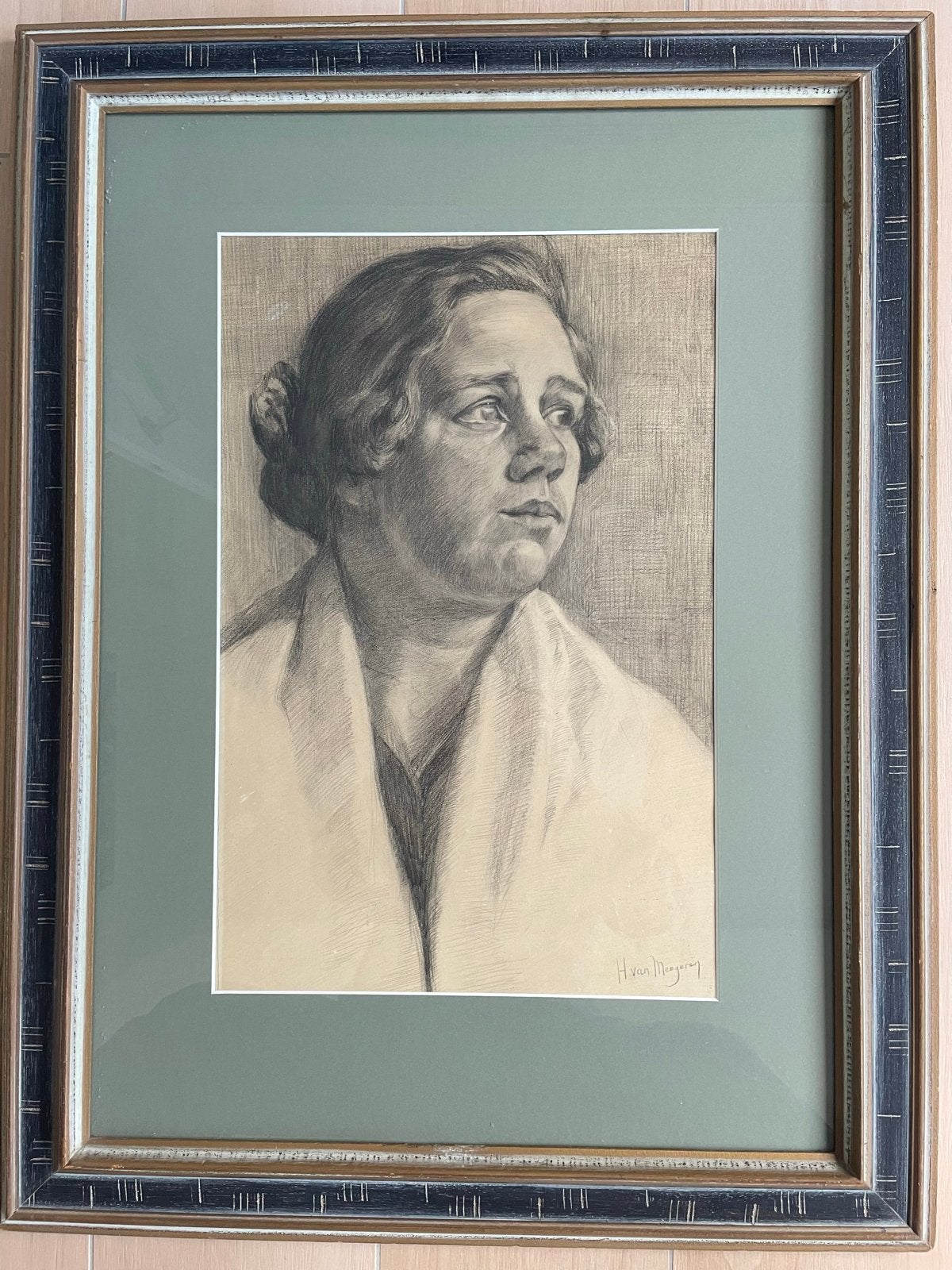 Portret van H. van Meegeren - Tekening in lijst, Antiek en Kunst, Ophalen, Tekening, Potloodtekening, Gesigneerd