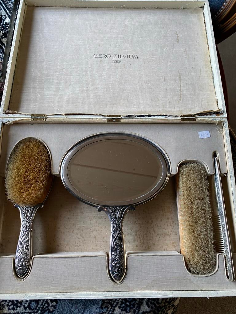 Gero Zilvium Kaptafelset - Vintage Zilveren Borstels en Spie, Antiek en Kunst, Ophalen, Zilver
