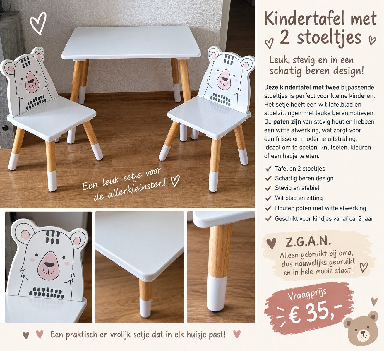Kindertafel met 2 stoeltjes met beertjes, Ophalen, Zo goed als nieuw, Tafel(s) en Stoel(en)