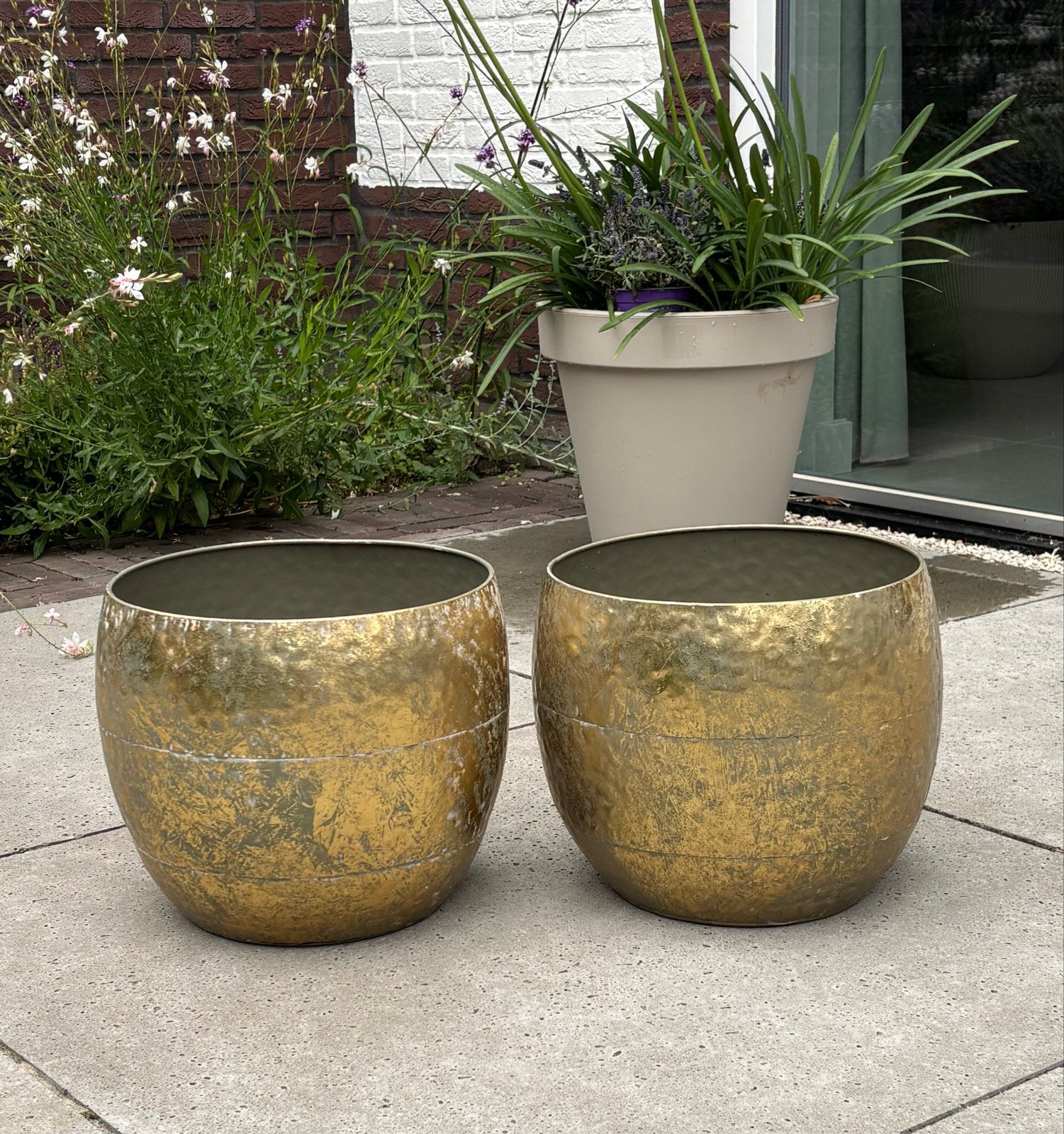 Set van 2 gouden bloempotten met een binnenpotten, Gebruikt, Rond, Binnen, Minder dan 40 cm