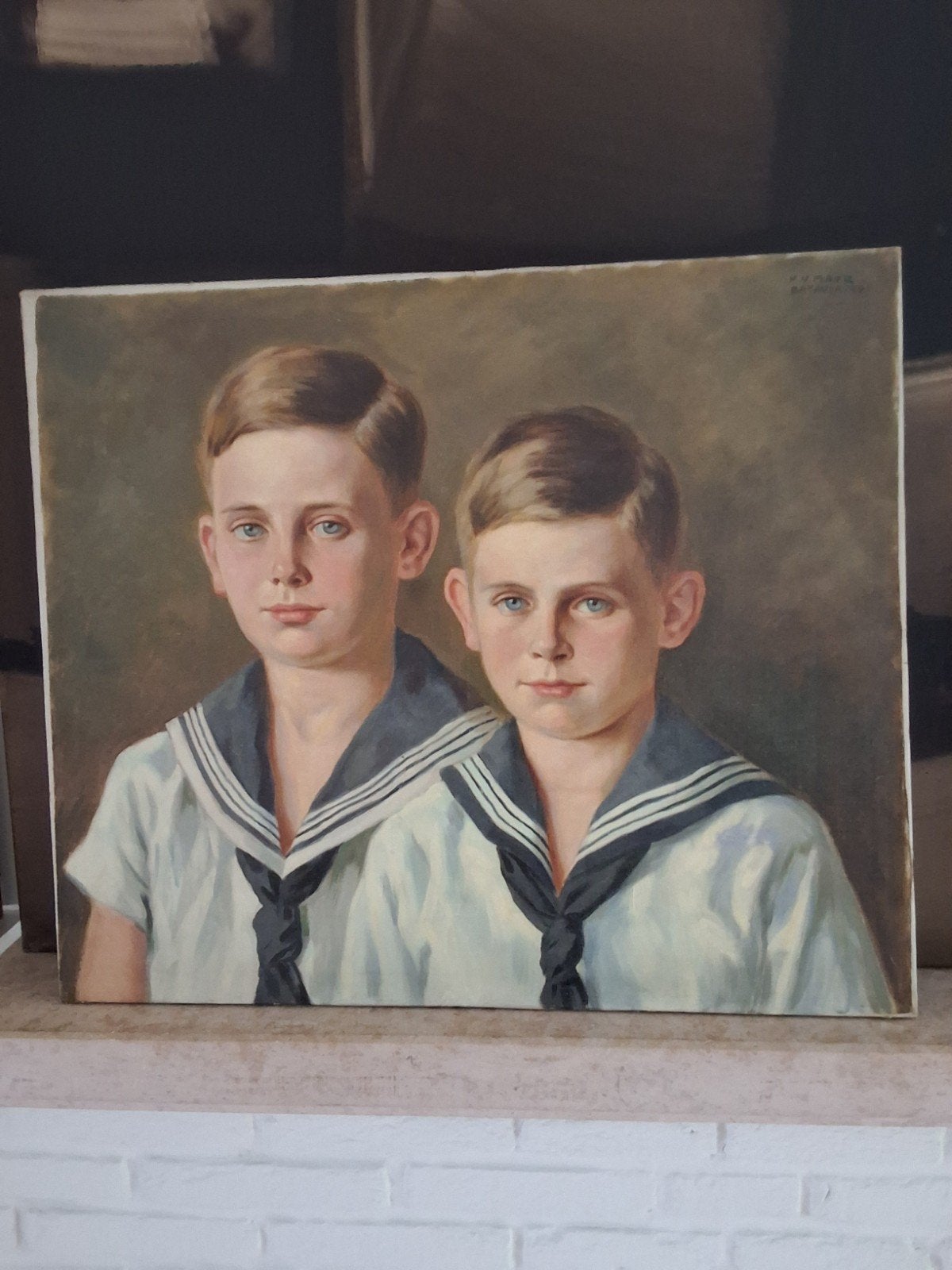 Portret van twee jongens, gesigneerd K.V. Mayr Batavia 1931, Antiek en Kunst, Ophalen of Verzenden