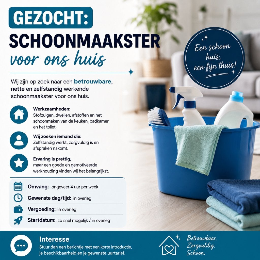 Gezocht: betrouwbare schoonmaakster voor Assen Peelo, Overige vormen, Vanaf 1 jaar, Overige niveaus, Geschikt als bijbaan