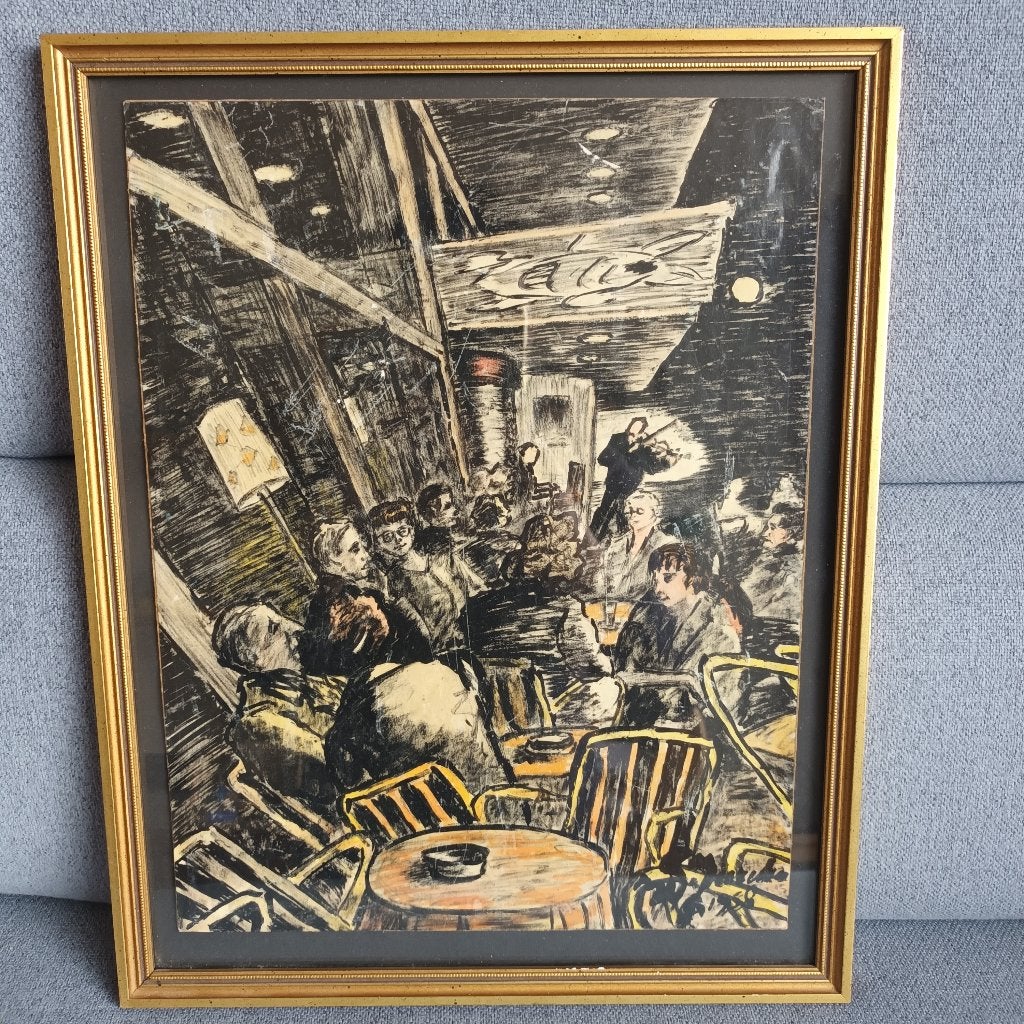 Wim Jurcka - Café tafereel met gezellige drukte en muziek, Antiek en Kunst, Ophalen of Verzenden