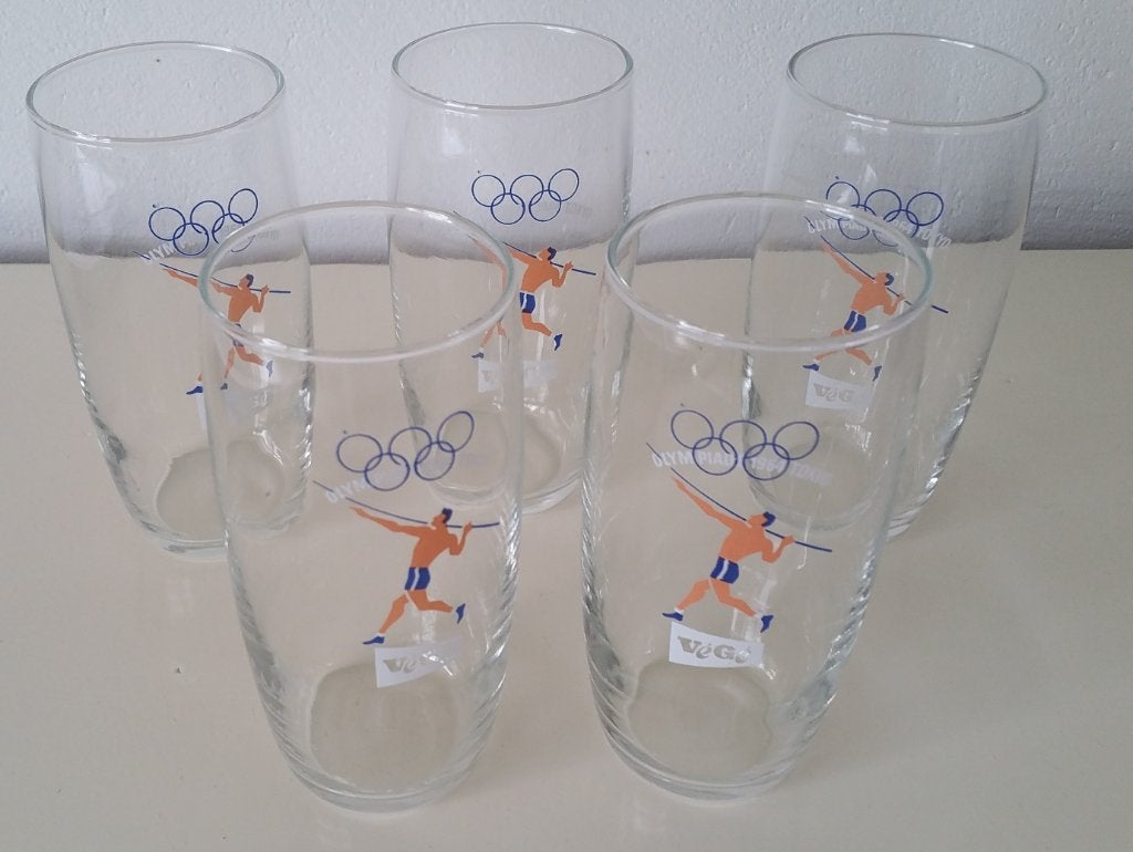 5 vintage glazen olympische spelen Tokyo 1964 van de Végé, Ophalen of Verzenden, Zo goed als nieuw, Overige sporten, Overige typen