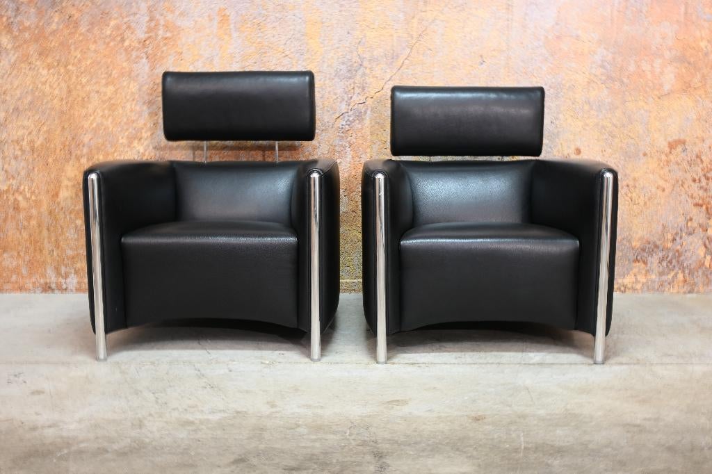 Als NIEUW! 2 zwarte leren Leolux Goncharov design fauteuils, Huis en Inrichting, Leolux, Leolux, 75 tot 100 cm, Ophalen of Verzenden