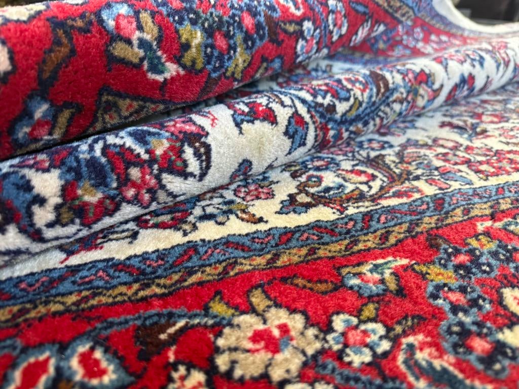 Handgeknoopt vintage perzisch tapijt 218  x131 ivoor rood, Klassiek, bohemian stijl,  mid-century, warm minimalisme, 100 tot 150 cm