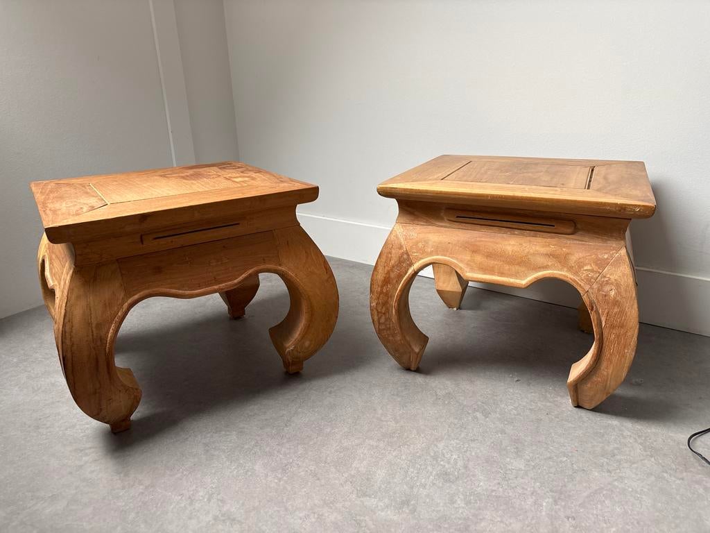 Set van 2 houten bijzettafels/plantenstandaards, Ophalen