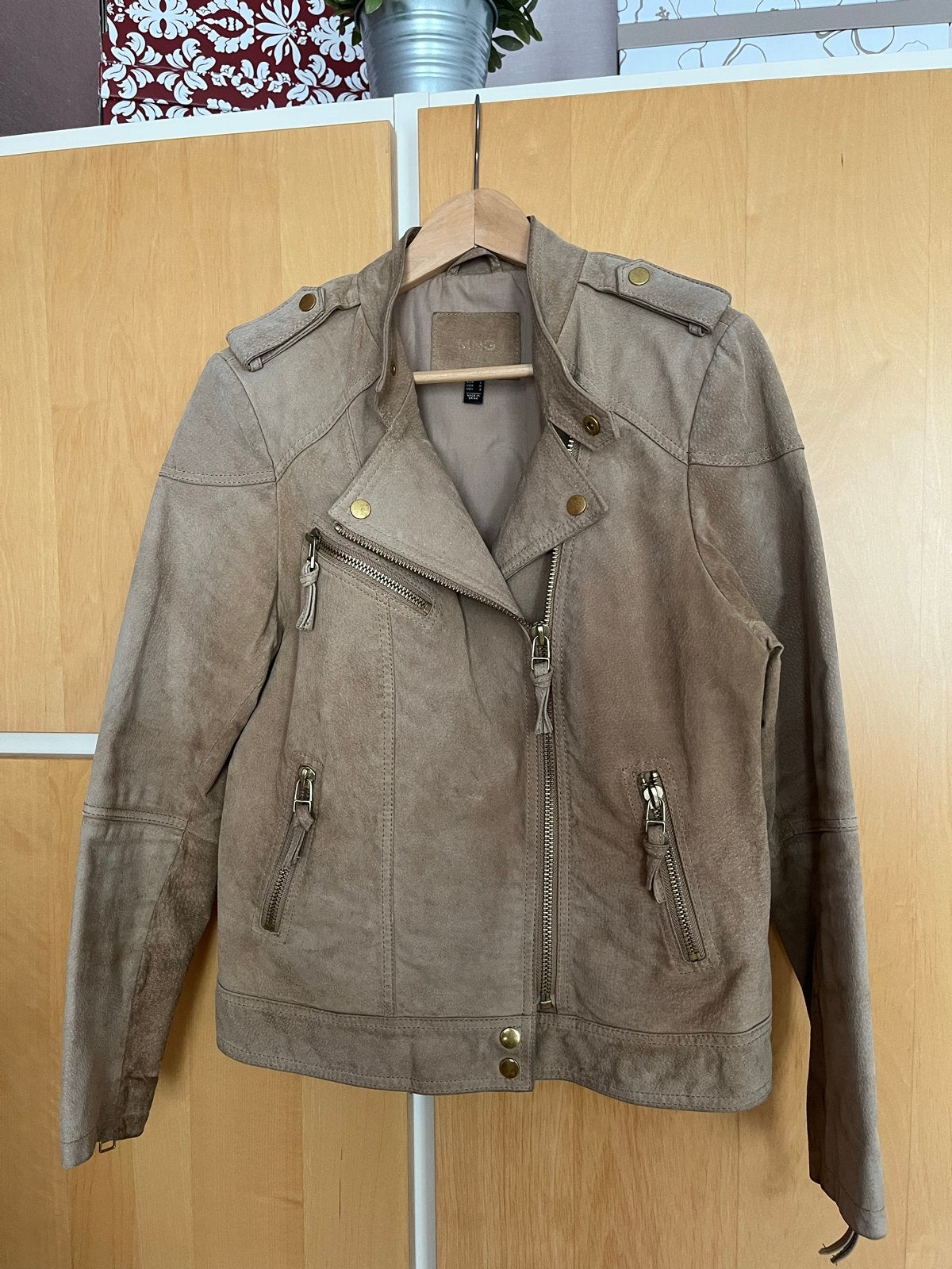 Leren biker jack van Mango, Mango, Beige, Maat 42/44 (L), Ophalen of Verzenden