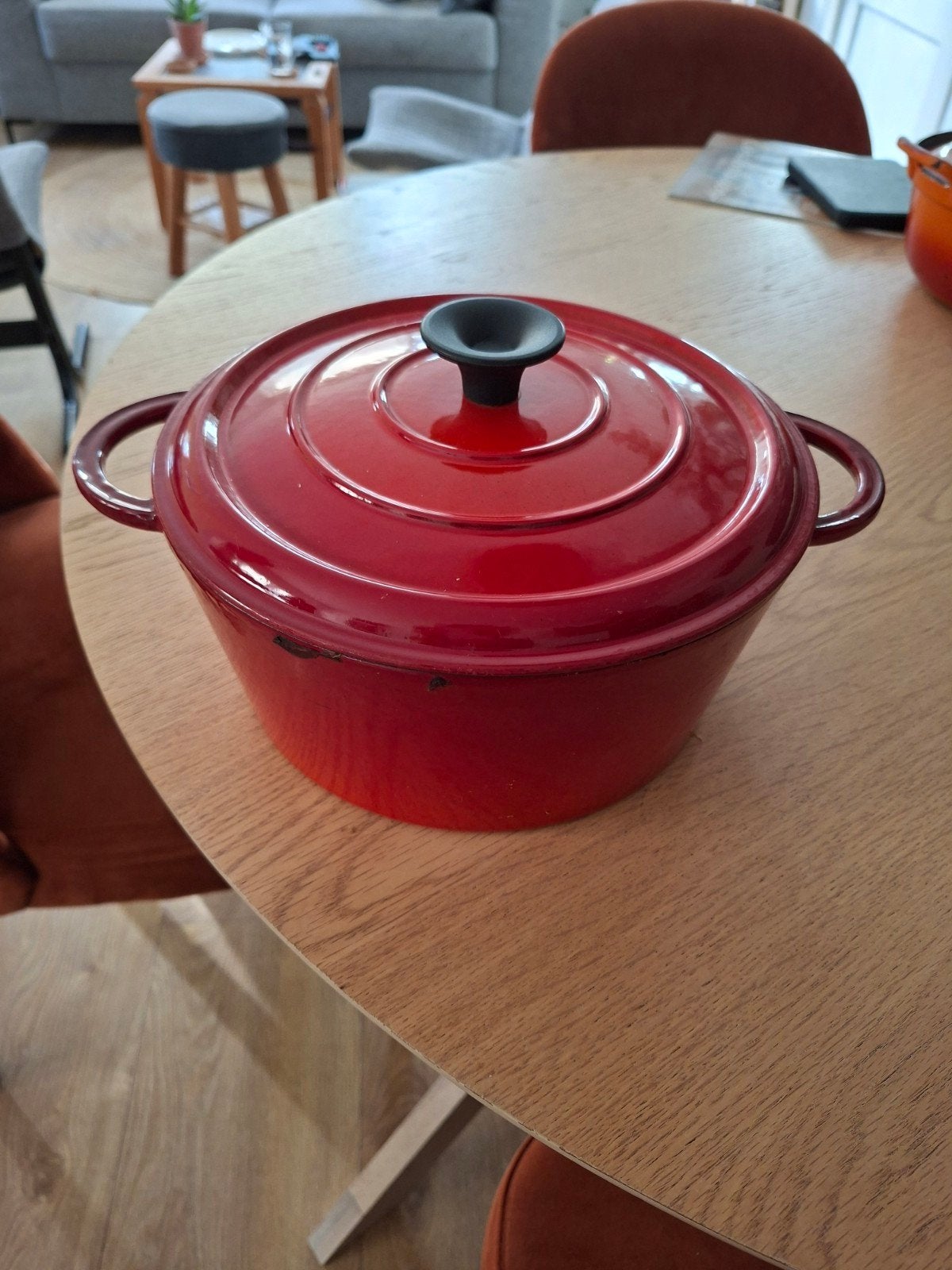 Rode gietijzeren braadpan - Made in France, Huis en Inrichting, Gebruikt, Met deksel, Ophalen of Verzenden, Braadpan